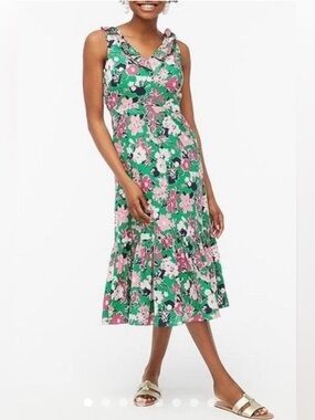J. Crew Green Floral Ruffle-Trim Midi Dress 100% Cotton Size 14 NWT